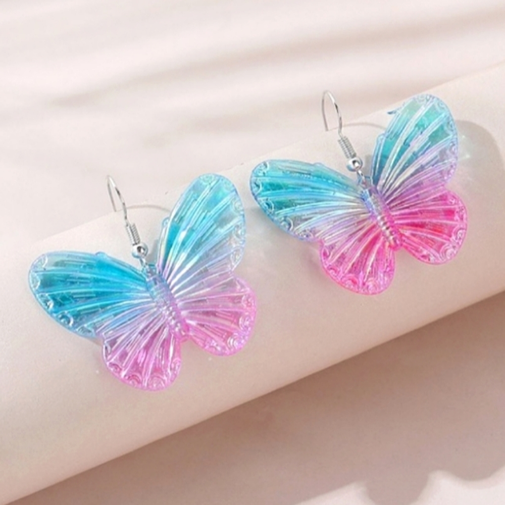 🍁 3/$18 Blue & Pink Iridescent Ombre Butterfly Fish Hook Earrings